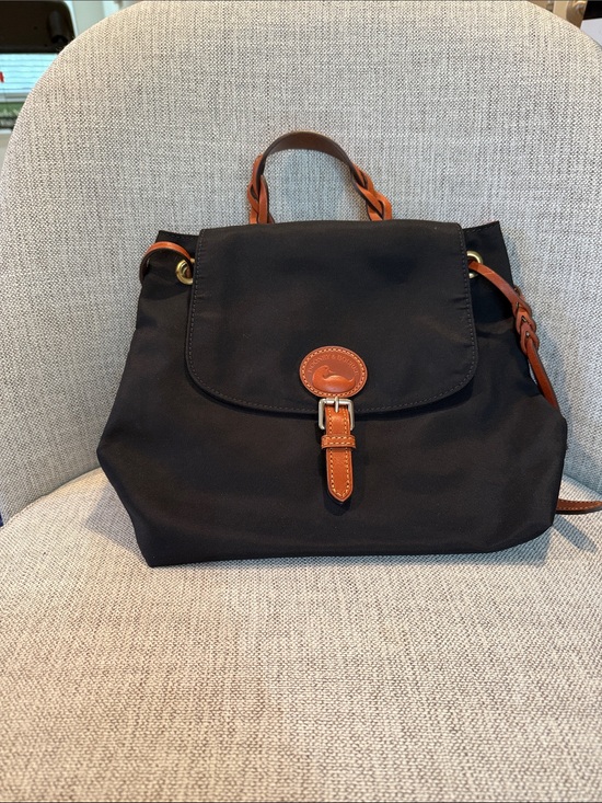 Dooney & Bourke Handbags - Dooney & Bourke Black Nylon Backpack with Brown Leather Trim and Buckle
